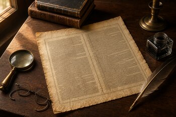 Hoja de papel antiguo impreso sobre una mesa de madera junto a una pluma, un tintero, una lupa, anteojos y libros encuadernados.