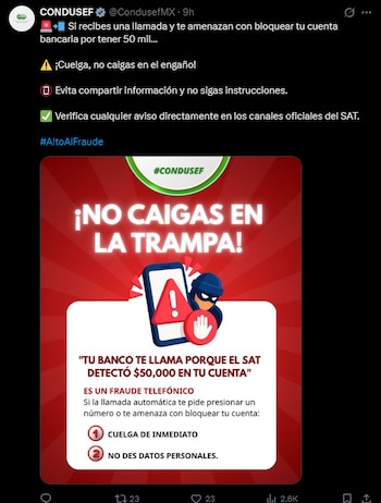 Captura de una publicación digital con un gráfico rojo, un teléfono móvil ilustrado con señal de alerta y textos sobre fraude telefónico