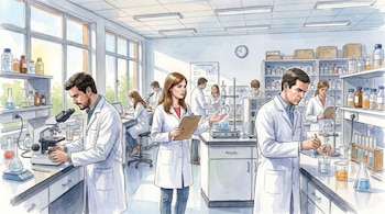 Ilustración acuarela de un laboratorio universitario con científicos. Se ven microscopios, matraces, vasos de precipitados, estantes con botellas y grandes ventanas.