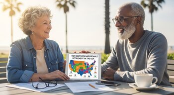 Una mujer y un hombre mayores sonríen sentados en una mesa al aire libre. La mujer sostiene una tableta mostrando un mapa de EE.UU. con datos sobre jubilación.