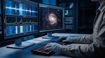 Manos con guantes sobre un teclado y un ratón frente a dos monitores que exhiben gráficos de frecuencias y una fotografía de una galaxia espiral.