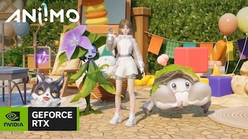 Un personaje femenino vestido de blanco posa junto a tres criaturas fantásticas y los logotipos de Aniimo y Nvidia GeForce RTX
