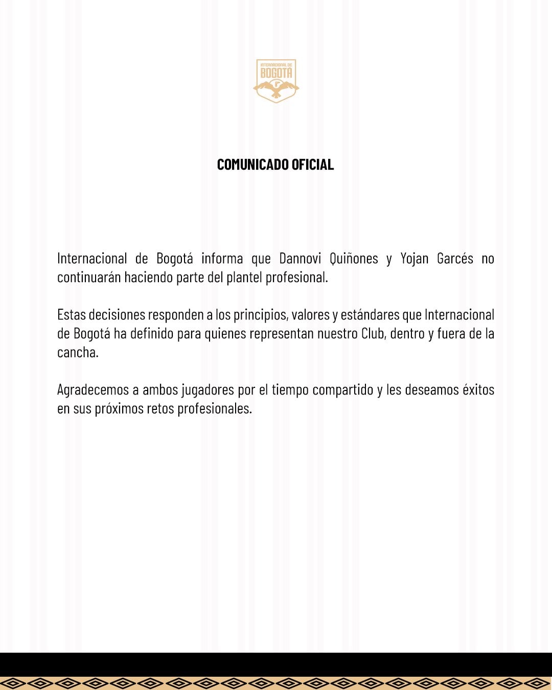 Este es el comunicado del Internacional de Bogotá que anunció la salida de Dannovi Quiñones y Yojan Garcés del equipo - crédito Internacional de Bogotá