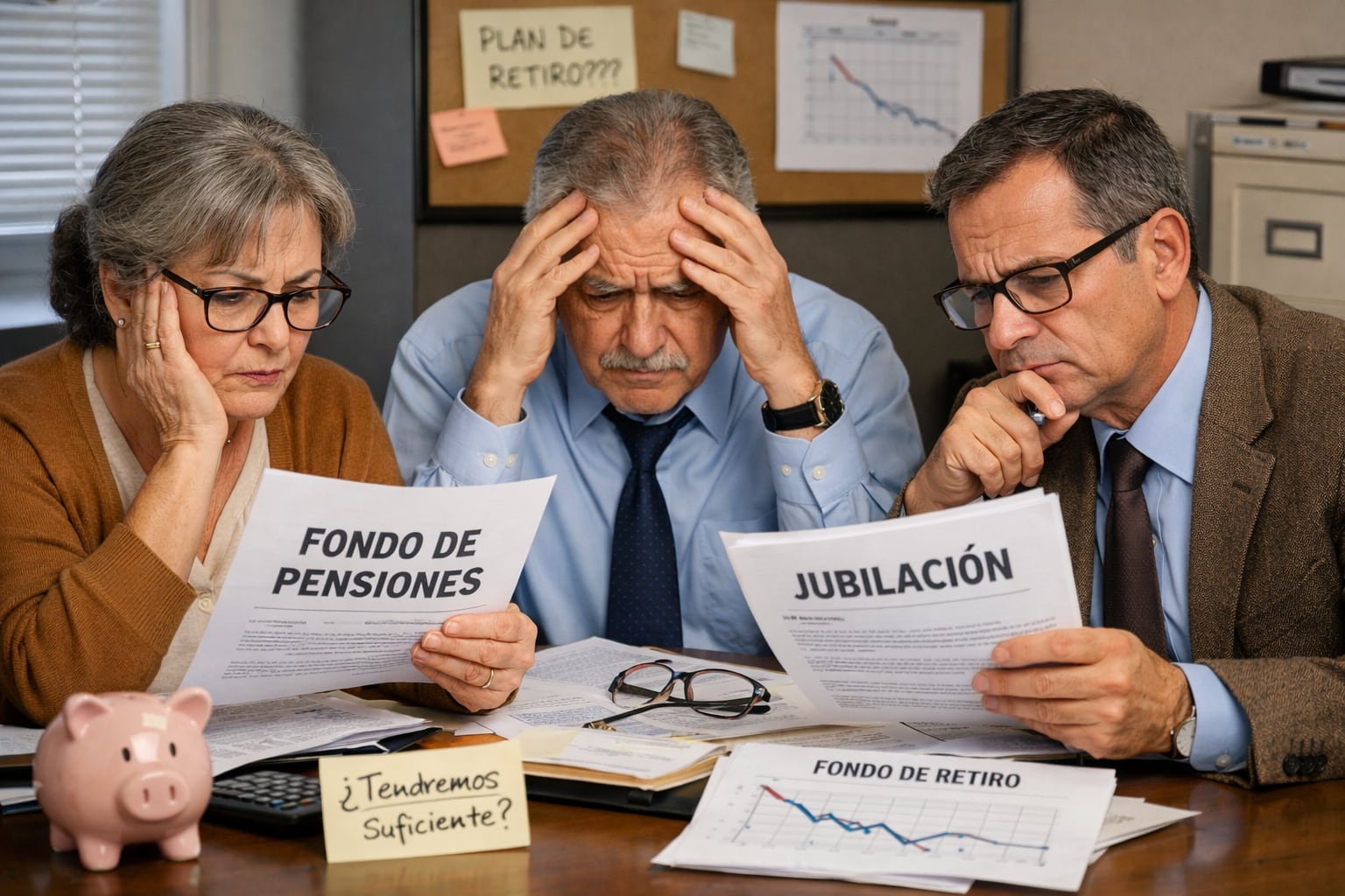 Tres burócratas revisan angustiados documentos de pensiones y jubilación en una oficina, reflejando la creciente preocupación por la seguridad financiera de sus ahorros para el retiro. (Imagen Ilustrativa Infobae)