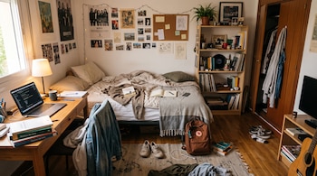 Un dormitorio con una cama destendida, ropa en el suelo, una mochila, un escritorio con una computadora portátil y una guitarra.
