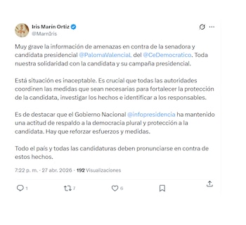 Iris Marín se solidarizó con Paloma Valencia