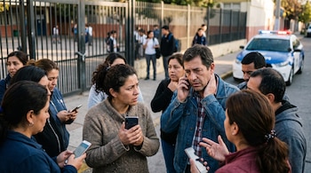 Varias personas con teléfonos móviles frente a la reja metálica de una escuela y una patrulla con luces encendidas en el fondo.