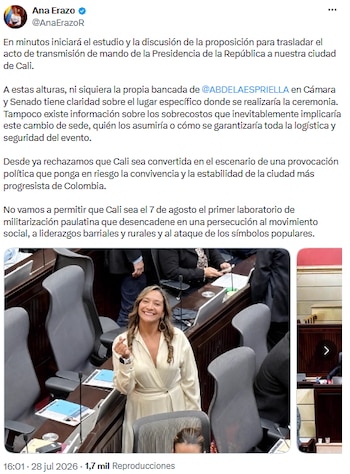 Ana Erazo rechazó que Cali sea escenario de confrontación política en la transmisión presidencial - crédito @AnaErazoR/X