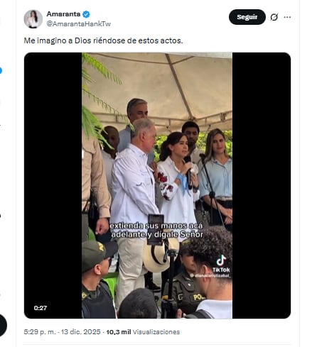 Amaranta Hank hizo comentario burlesco sobre oración en favor de Álvaro Uribe - crédito @AmarantaHankTw/X