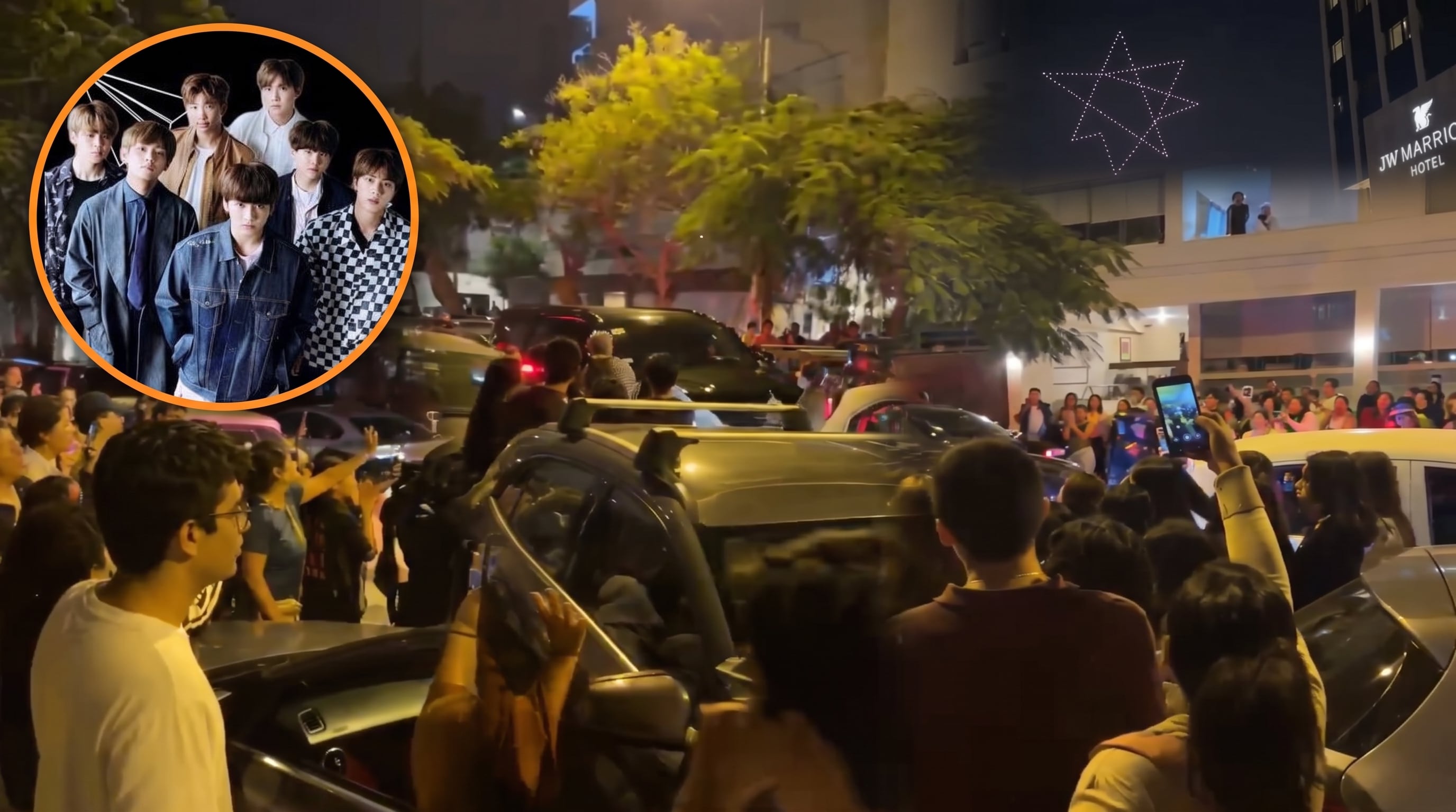 Varios seguidores del grupo BTS se congregan alrededor de una camioneta frente al hotel JW Marriott tras un espectáculo de drones en Lima. (Imagen Ilustrativa Infobae)