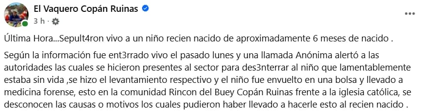Captura de la información difundida por el medio local “El Vaquero Copán Ruinas”, donde se menciona la versión no confirmada sobre el caso. (Foto: Redes sociales)