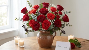 Un ramo grande de rosas rojas y follaje en un jarrón de barro sobre una mesa de madera, con dos velas encendidas y una tarjeta "Para mi amor".
