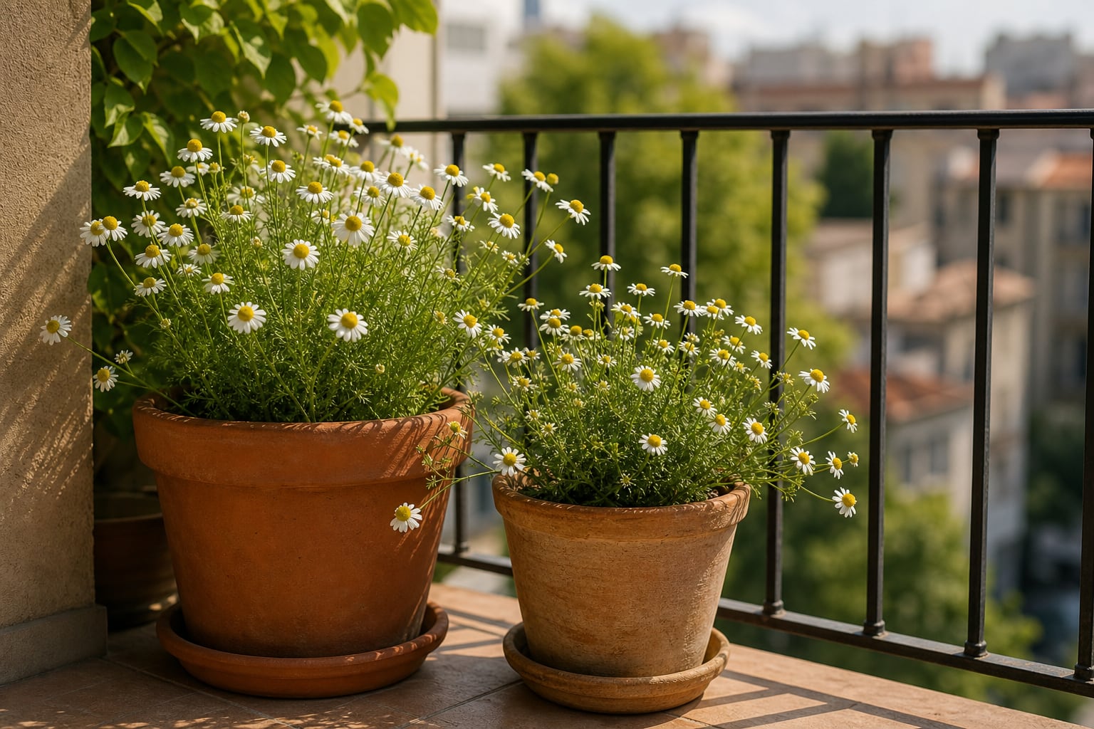 Dos macetas con plantas de manzanilla en flor permanecen junto a la barandilla de un balcón. (Imagen Ilustrativa Infobae)