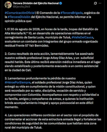 El combate se produjo con integrantes del grupo armado organizado residual Frente 57 Yaír Bermúdez, según el reporte de la Tercera Brigada del Ejército - crédito @Ejercito_Div3 / X