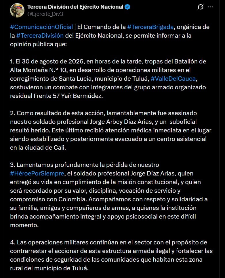 El combate se produjo con integrantes del grupo armado organizado residual Frente 57 Yaír Bermúdez, según el reporte de la Tercera Brigada del Ejército - crédito @Ejercito_Div3 / X