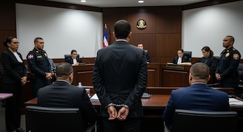 Un hombre de espaldas, esposado, en un tribunal de República Dominicana, junto a oficiales de policía y jueces, con un letrero de Palacio de Justicia.