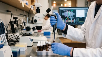 Manos con guantes azules usan una micropipeta sobre frascos de vidrio ámbar en una mesa con microscopios y pantallas.