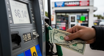 Primerísimo plano de una mano sosteniendo billetes de dólar arrugados frente a un surtidor de gasolina que muestra un precio de $6.14 por galón.
