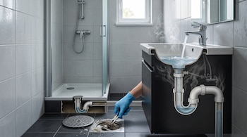 Corte transversal de un baño con tuberías expuestas bajo el lavabo, una mano que limpia el desagüe de la ducha y agua que fluye del grifo.
