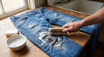 Jeans azules con una mancha, una mano con un cepillo, un jabón en barra, un cuenco con agua jabonosa, una mesa de madera, una ventana.