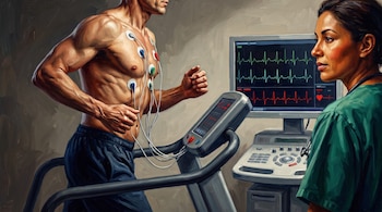 Un hombre con electrodos en el pecho corre en una caminadora junto a una médica que observa un monitor con trazados de electrocardiograma.
