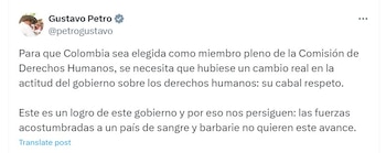 El presidente celebró la elección de Colombia en el Consejo de DD. HH. de la ONU- crédito @petrogustavo/X
