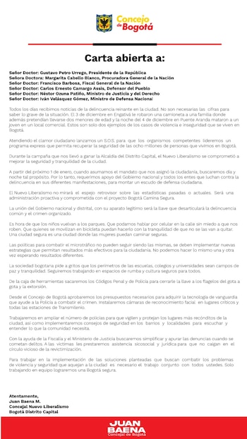 Piden a Petro ayudar a regresar la seguridad a Bogotá - crédito prensa Juan Baena