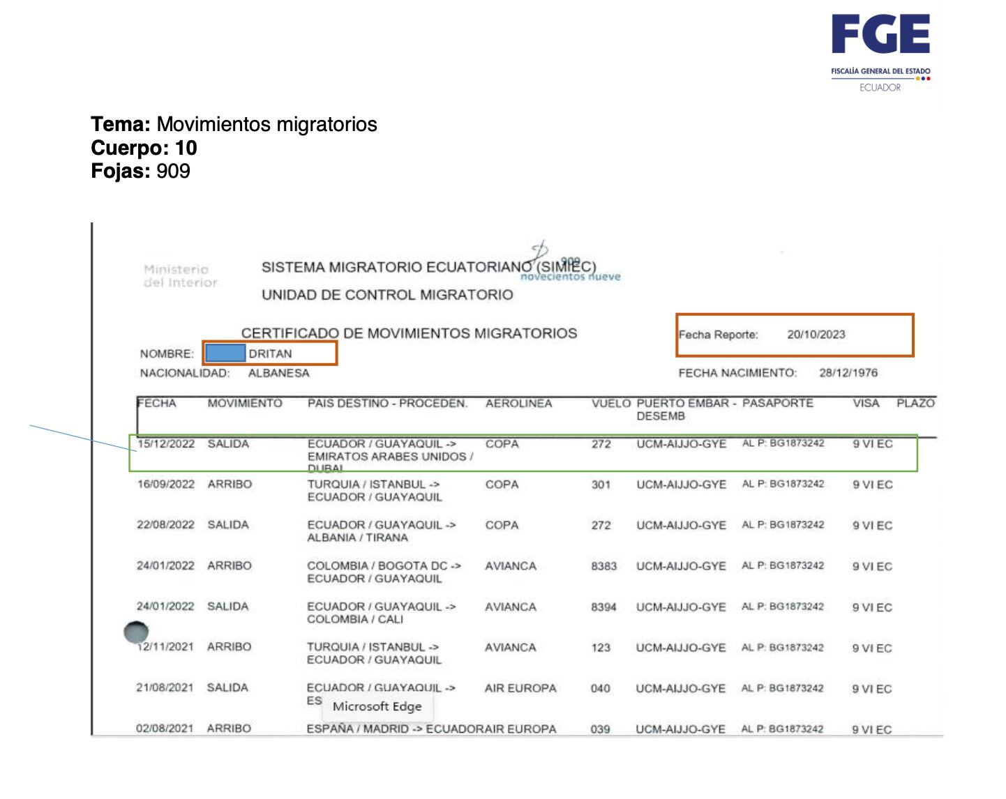 Cuerpo 10. Movimientos migratorios Dritan Gjika. (Fiscalía de Ecuador)