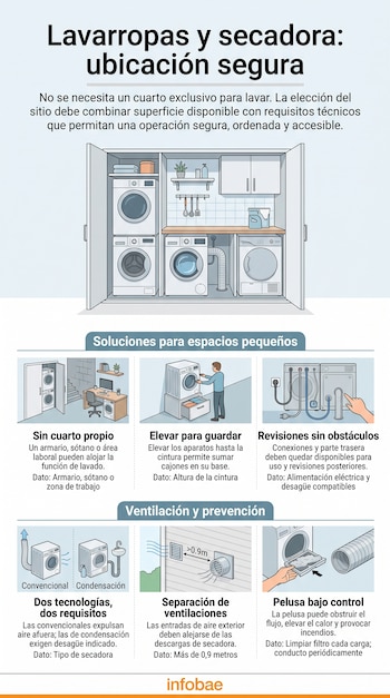 Infografía con un armario equipado con electrodomésticos de lavado y seis esquemas ilustrados sobre ventilación y mantenimiento técnico.