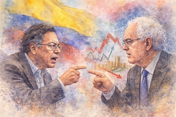 Ilustración en acuarela de Gustavo Petro y José Antonio Ocampo debatiendo, señalándose mutuamente, con la bandera de Colombia y gráficos económicos de fondo.
