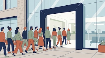 Ilustración de varias personas que caminan en fila hacia la entrada de un edificio de vidrio con mostradores y asientos en el interior.