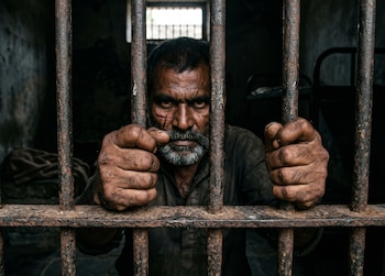 Primer plano de un hombre de piel oscura, con barba gris y cicatriz en la mejilla, mirando fijamente a través de barrotes oxidados de una prisión