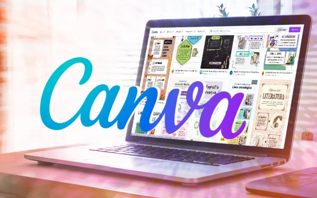El logo de Canva se superpone a una computadora portátil que muestra la interfaz de la popular herramienta de diseño gráfico, con varias plantillas y proyectos visibles en pantalla.