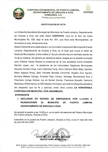Las autoridades municipales de Puerto Lempira declararon estado de emergencia por las inundaciones causadas por la crecida de varios ríos en Gracias a Dios.