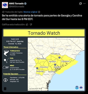 Un mapa del Servicio Meteorológico Nacional señala en amarillo las zonas bajo alerta de tornado en el sureste de Estados Unidos