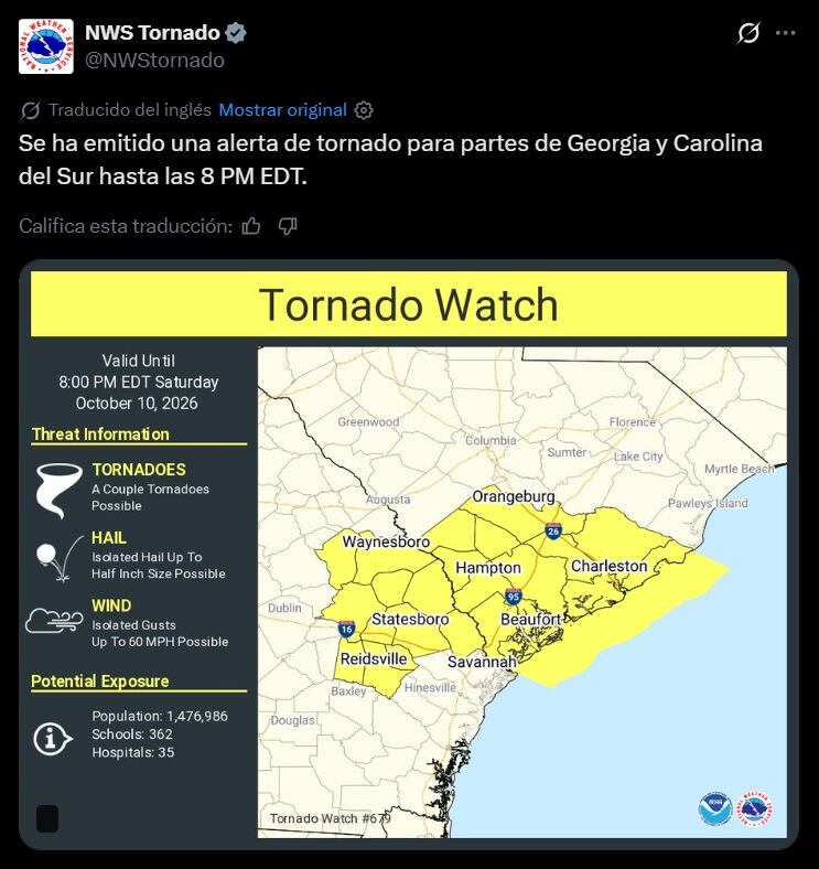 Las autoridades emitieron una alerta por tornado para sectores del noreste de Georgia y el sur de Carolina del Sur (@NWStornado)