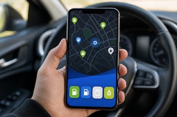 Una mano sostiene un teléfono inteligente frente al volante de un automóvil con un mapa de estaciones de servicio en la pantalla.