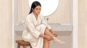 Ilustración de una mujer sentada en un taburete que se coloca una funda de plástico en el pie frente al lavabo de un baño.