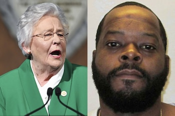 Fotografía dividida con el rostro de Kay Ivey ante dos micrófonos a la izquierda y el retrato de frente de Toforest Johnson a la derecha