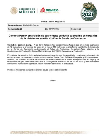 Comunicado de la dependencia sobre