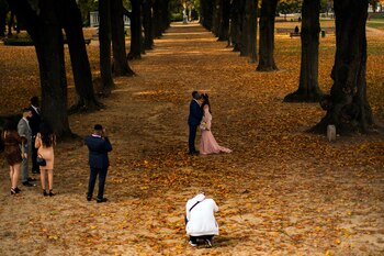 Una pareja recién casada posa