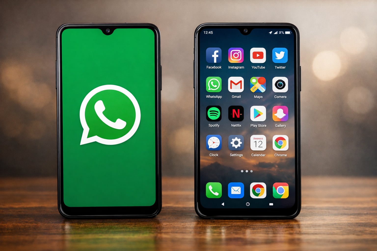 Dos teléfonos móviles se muestran sobre una superficie de madera, uno con el logo de WhatsApp en su pantalla y el otro exhibiendo un menú de diversas aplicaciones. (Imagen Ilustrativa Infobae)