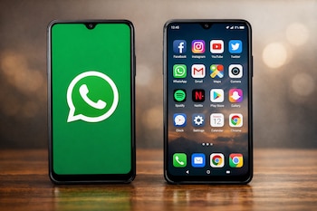 Dos teléfonos móviles negros de pantalla completa, uno mostrando el logo de WhatsApp sobre un fondo verde y el otro con una cuadrícula de íconos de aplicaciones.
