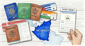 Pasaportes de Honduras, Cuba, Nigeria, India, México, boletos de avión, mapa de Centroamérica con Nicaragua resaltada y permiso de entrada.