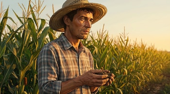 Retrato de un joven agricultor con sombrero de paja y camisa a cuadros, sosteniendo tierra con sus manos curtidas en un campo de maíz bajo un cielo claro al atardecer.