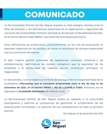 Municipalidad de San Miguel cancela concierto de Robbie Williams y ordena clausura inmediata de Arena 1