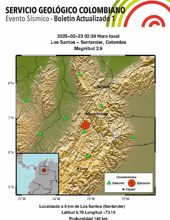 Temblor reportado en Los Santos en la madrugada del 23 de febrero - crédito SGC
