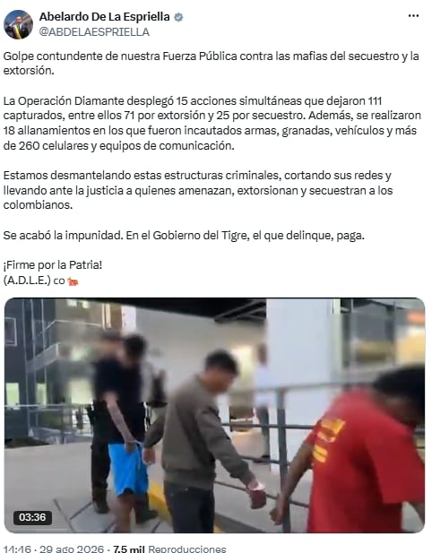 Abelardo de la Espriella reporta 111 detenidos tras serie de allanamientos coordinados - crédito @ABDELAESPRIELLA/X