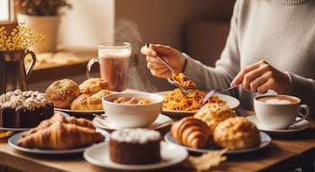 Primer plano de una persona vestida con suéter gris comiendo pasta con un tenedor y cuchara. La mesa está llena de guisos, pasteles, croissants y bebidas calientes humeantes.