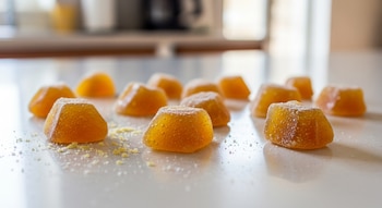 Doce caramelos de propóleo y miel caseros de color ámbar, sin envoltorios y con una capa fina de azúcar, sobre una mesada clara en una cocina.